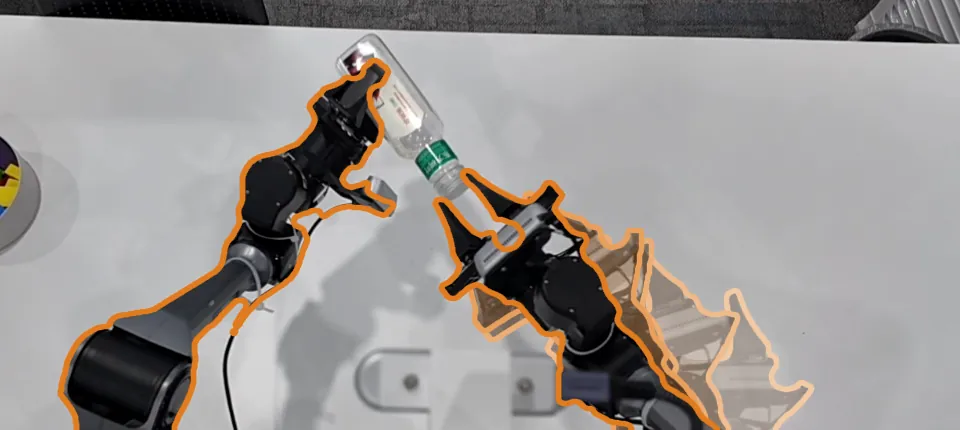 Two AgileX robot arms: the left holds a bottle while the right grips its cap; fading outlines trace the right arm's approach.